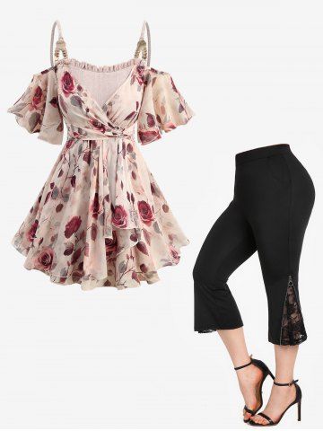 Rose Print Surplice Chains Cold Shoulder Blouse and Lace Pull On Pants Plus Size Outfit - LIGHT COFFEE