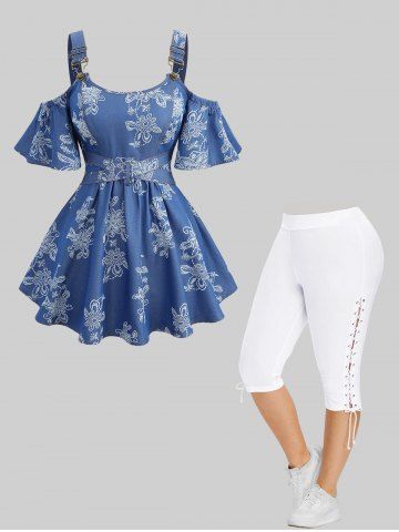 Ensemble haut en jean à imprimé floral, épaules dénudées et pantalon capri taille haute à lacets sur les côtés, grande taille - BLUE
