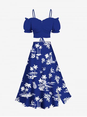 Cinched Ruffles Cold Shoulder Cami Top and Coconut Tree Seascape Flowers Pineapple Print Split Skirt Hawaii Plus Size Matching Set - BLUE