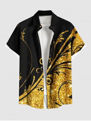 Plus Size Floral Colorblock Sparkling Sequin 3D Print Buttons Pocket Hawaii Shirt For Men - BLACK - M