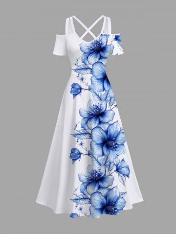 Plus Size Flowers Leaf Print Cold Shoulder Crisscross Hawaii Maxi Dress - WHITE - XXS