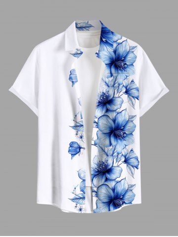 Plus Size Flowers Leaf Print Buttons Pocket Hawaii Shirt For Men - WHITE - 5XL