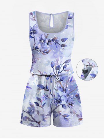 Plus Size Flowers Leaf Print Cinched Hawaii Romper - PURPLE - XS