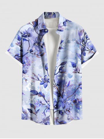 Plus Size Flowers Leaf Print Buttons Pocket Hawaii Shirt For Men - BLUE - S