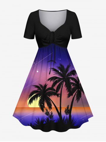 Plus Size Coconut Tree Sun Galaxy Ombre Print Cinched Hawaii Dress - BLACK - XXS