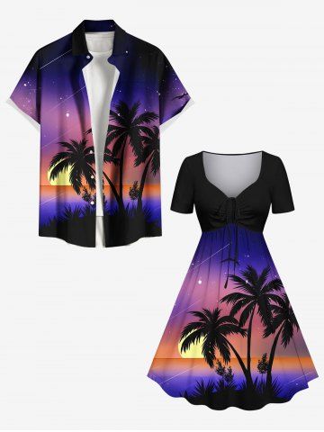 Plus Size Coconut Tree Sun Galaxy Ombre Print Cinched Hawaii Dress