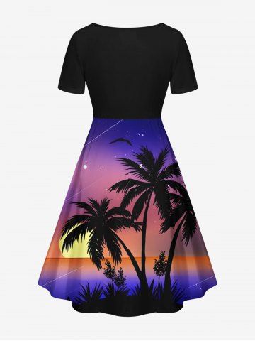 Plus Size Coconut Tree Sun Galaxy Ombre Print Cinched Hawaii Dress