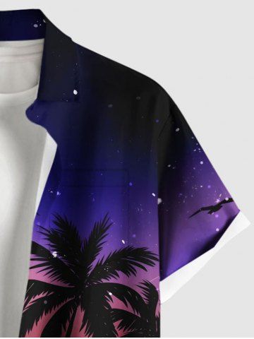 Plus Size Coconut Tree Sun Galaxy Ombre Print Buttons Pocket Hawaii Shirt For Men