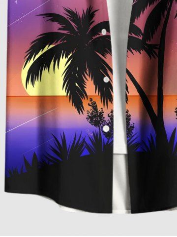 Plus Size Coconut Tree Sun Galaxy Ombre Print Buttons Pocket Hawaii Shirt For Men