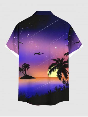 Plus Size Coconut Tree Sun Galaxy Ombre Print Buttons Pocket Hawaii Shirt For Men