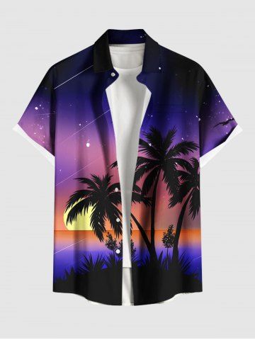 Plus Size Coconut Tree Sun Galaxy Ombre Print Buttons Pocket Hawaii Shirt For Men - PURPLE - 6XL