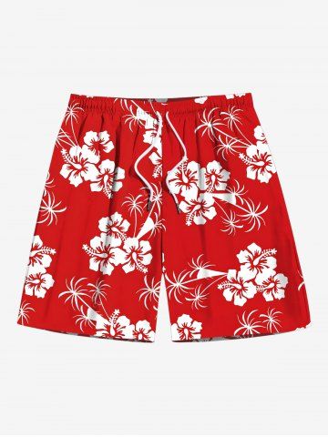 Plus Size Coconut Tree Hibiscus Floral Print Hawaii Drawstring Beach Shorts For Men - RED - 6XL