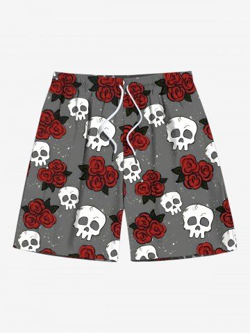 Plus Size Skull Rose Flower Print Hawaii Drawstring Beach Shorts For Men - DARK GRAY - 7XL