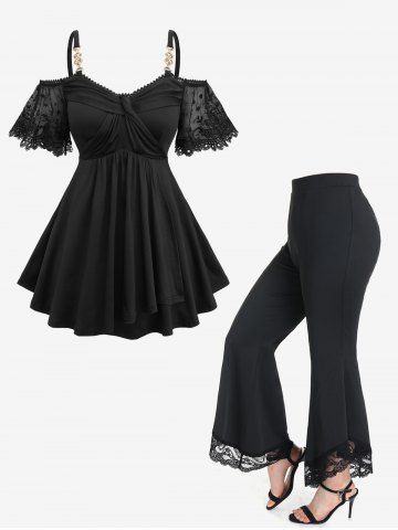 Floral Lace Jacquard Embroidery Sleeve Crossover Top and High Waisted Flare Pants Plus Size Outfit - BLACK