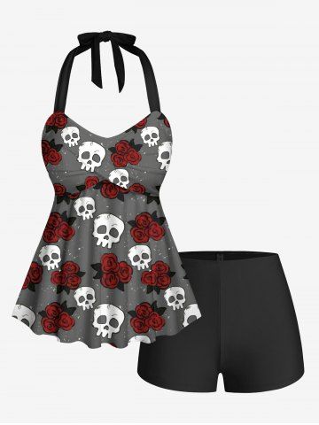 Skull Rose Flower Galaxy Print Hawaii Twist Halter Backless Tankini Top and Bottom Plus Size Matching Set - GRAY