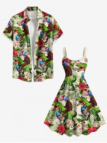 Tropical Leaf Hibiscus Flower Gorillas Dinosaur Patriotic American Flag Print Plus Size Matching Hawaii Beach Outfit For Couples - GREEN