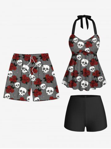 Skull Rose Flower Print Swimsuit Shorts Matching Hawaii Beach Outfit For Couples - DARK GRAY