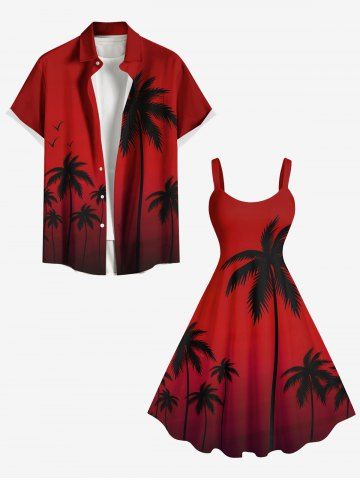 Dip Dye Ombre Coconut Tree Print Plus Size Matching Hawaii Beach Outfit For Couples - RED