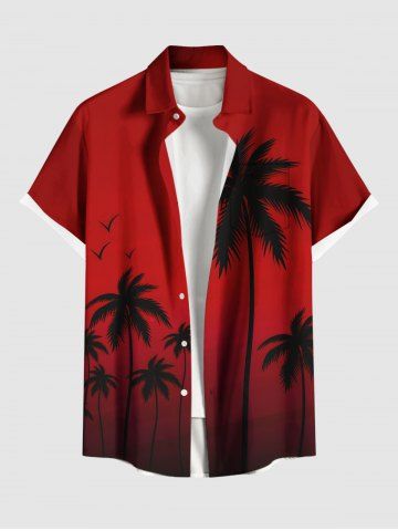 Plus Size Dip Dye Ombre Coconut Tree Print Hawaii Button Pocket Shirt For Men - RED - 5XL