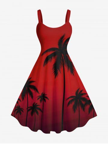 Plus Size Dip Dye Ombre Coconut Tree Print Hawaii A Line Tank Dress - RED - M