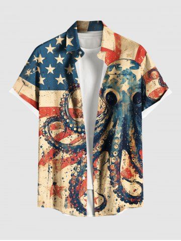 Plus Size Distressed Octopus Patriotic American Flag Print Hawaii Button Pocket Shirt For Men - LIGHT COFFEE - 5XL