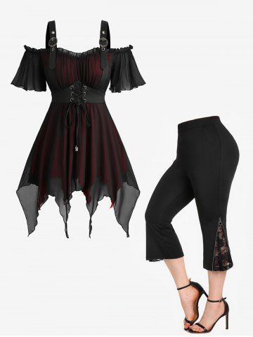 Lace-up Cold Shoulder Asymmetrical Blouse and Lace Panel Pull On Pants Plus Size Outfit