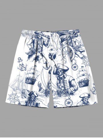 Plus Size Skull Pirate Ship Rudder Cruise Print Hawaii Beach Shorts For Men - WHITE - 8XL