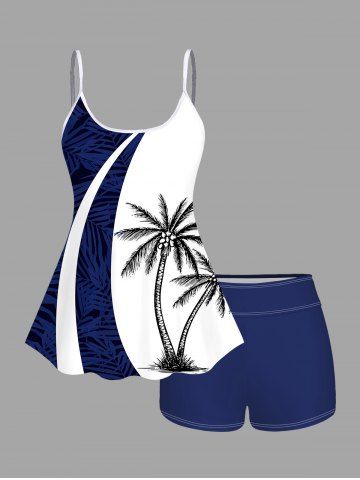 Plus Size Coconut Tree Tropical Leaf Colorblock Print Boyleg Tankini Swimsuit - BLUE - 6X