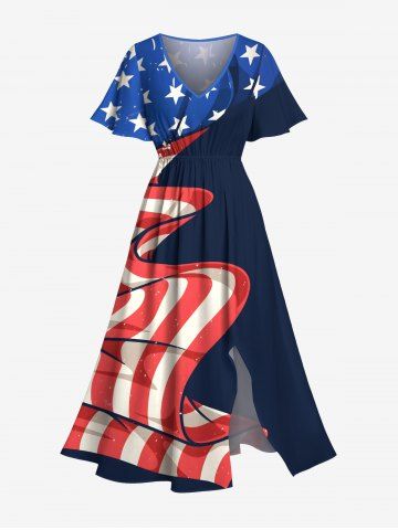 Plus Size Crinkle Patriotic American Flag Print Split Pocket A Line Midi Dress