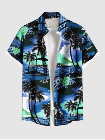 Plus Size Coconut Tree Sea Floral Print Hawaii Button Pocket Shirt For Men - BLUE - 5XL
