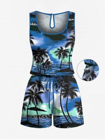 Plus Size Coconut Tree Sea Flower Print Hawaii Drawstring Pocket Romper - BLUE - 2X