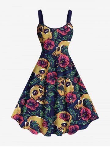 Plus Size Skull Tropical Leaf Hibiscus Flower Print Hawaii A Line Tank Dress - DEEP GREEN - 2X