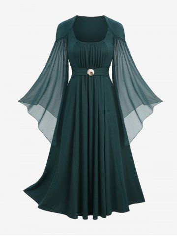 Plus Size Shell Buckle Waist Ruched Panel Sheer Mesh Flare Sleeves Dress - DEEP GREEN - L | US 12