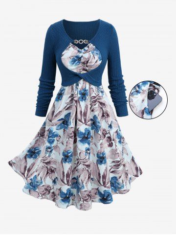 Plus Size Flowers Leaf Watercolor Print Ruffles Ruched Cami Dress With Chain Panel Hollow Out Textured Top - BLUE - 5X | US 30-32