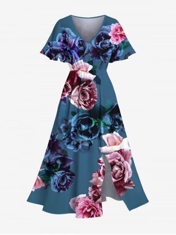 Plus Size 3D Ombre Flower Print Hawaii Split Pocket A Line Midi Dress - BLUE - 4X