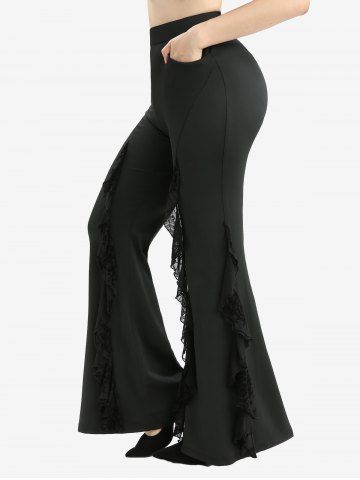 Plus Size Spider Web Flocking Ruffles Lettuce Flare Pants - BLACK - 5X | US 30-32