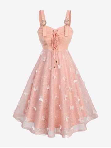 Floral Jacquard Butterfly Lace Grommets Ruched Lace-up Panel Buckles Tank Dress - LIGHT ORANGE - XXXL