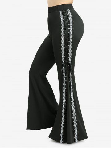 Plus Size Lace Up Lace-trim Grommets Side Two Tone Flare Pants - BLACK - 4X | US 26-28