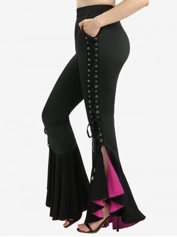 Plus Size Lace-up Grommets Lace Trim Ruffles Lettuce Flare Pants - BLACK - 2X | US 18-20