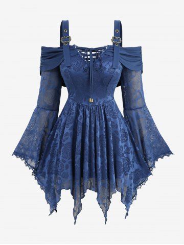 Plus Size Rose Flower Mesh Lace-up Panel Asymmetrical Flare Sleeves Cold Shoulder Top - BLUE - 3X | US 22-24