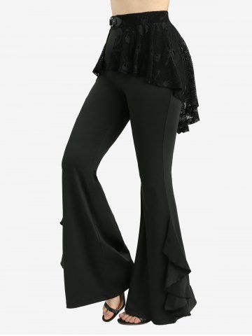 Plus Size Skulls Fishnet Overlay Ruffles Skirted Flare Pants - BLACK - 3X | US 22-24