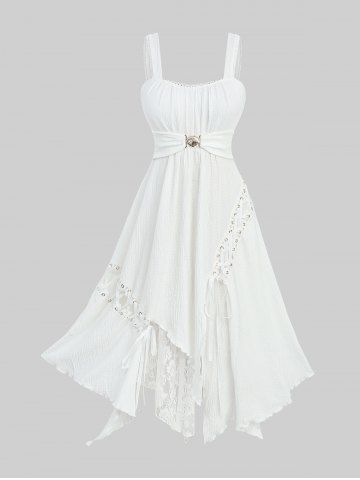 Lace-up Grommets Lace Trim Shell Buckle Ruffles Asymmetrical Tank Dress - WHITE - XXXL
