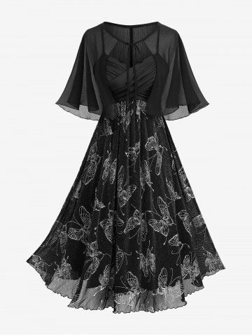 Plus Size Silver Stamping Glitter Butterfly Print Crossover A Line Cami Dress with Chiffon Textured Cape Cloak - BLACK - L | US 12