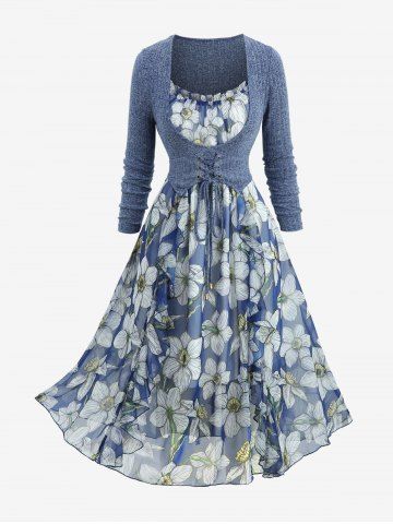 Plus Size Flowers Leaf Print Ruffles Cami Dress With Grommets Lace Up Marled Ribbed Top - DEEP BLUE - 2X | US 18-20