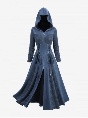 Plus Size Grommets Lace Up Zip Up Ribbed Textured Marled Patchwork Hooded Coat - DEEP BLUE - 1X | US 14-16