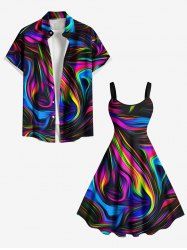 Colorful Ocean Currents Print Plus Size Matching Outfit For Couples -  