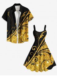 Floral Colorblock Sparkling Sequin 3D Print Plus Size Matching Hawaii Beach Outfit For Couples -  