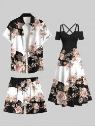 Rose Flowers Colorblock Print Plus Size Matching Hawaii Beach Outfit For Couples -  
