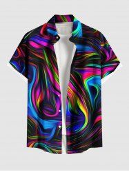 Plus Size Colorful Ocean Currents Print Buttons Pocket Hawaii Shirt For Men -  