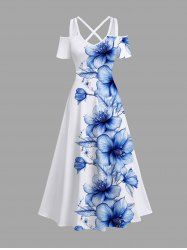 Plus Size Flowers Leaf Print Cold Shoulder Crisscross Hawaii Maxi Dress -  